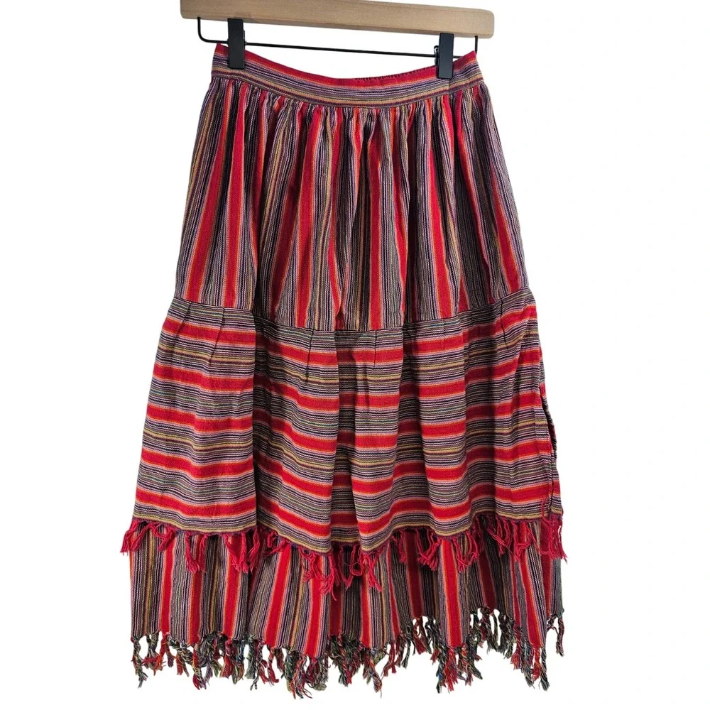 Womens Bohemian Tiered Maxi‎ Skirt Red Stripe Tassel Size Small